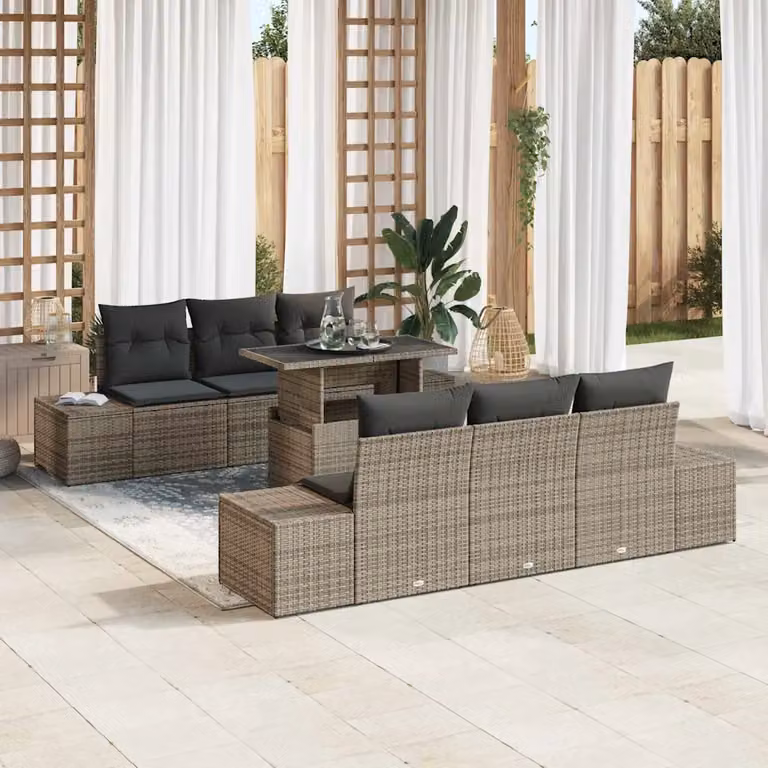 Set di divani da giardino vidaXL a forma di L in polyrattan grigio con cuscini e tavolino da caffè in vetro, 7 pezzi