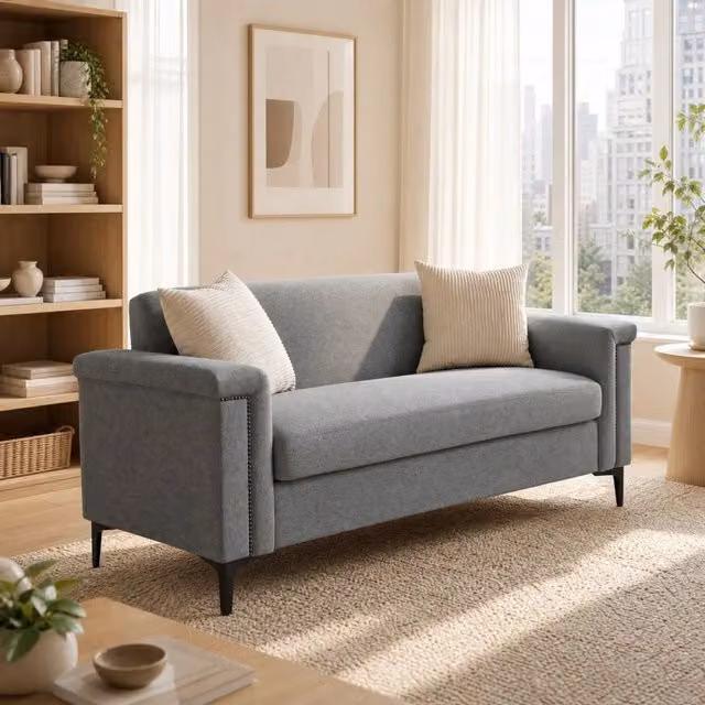 Divano a 2 posti MIVRAY in tessuto grigio con gambe in metallo e legno, L: 172 cm, P: 136 cm, H: 76 cm, H gambe: 15 cm