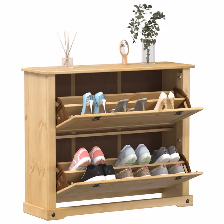 Scarpiera vidaXL Corona in legno massello di pino marrone, stile rustico, con vani basculanti e a muro, L: 99 cm, P: 32 cm, H: 85 cm