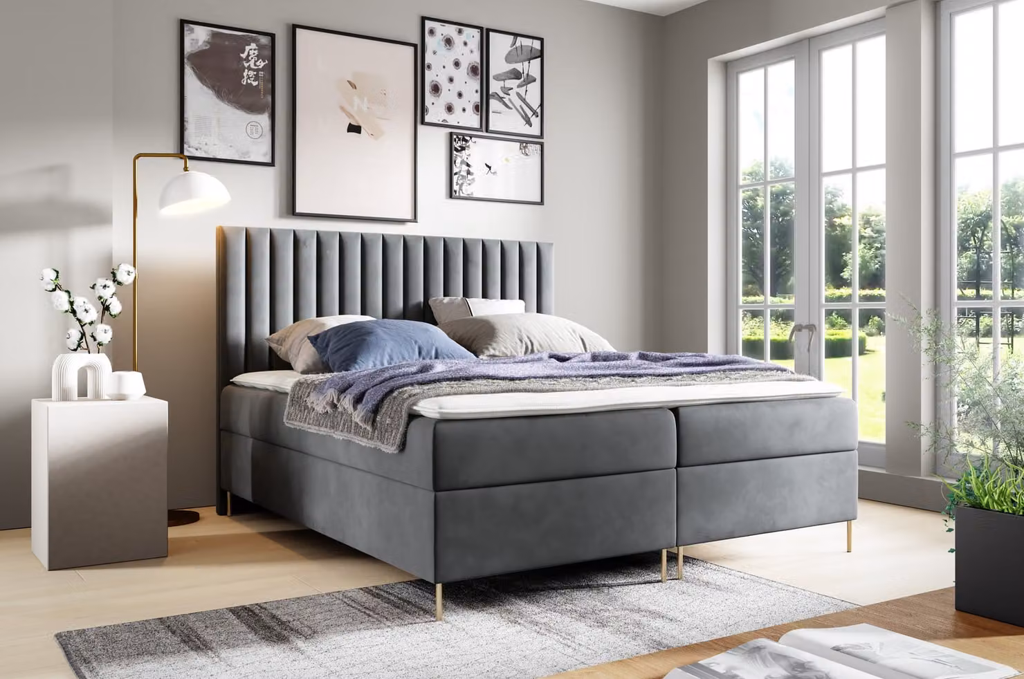 GUTTO Letto con materasso a molle JILL 140 x 200cm 2x Contenitore TOPPER 5cm libero in velluto grigio con gambe alte dorate.