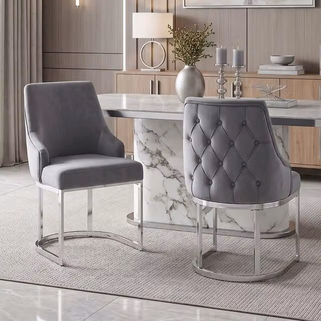 Set 2 sedie da pranzo ¨C Minimal ¨C grigio, velluto, gambe metallo effetto argento, stile moderno