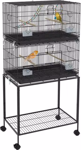 Gabbia per uccelli con supporto voliera 77 x 46 x 164 cm con vassoio estraibile e ruote con freno moderna ed elegante in acciaio nero 21_0007583
