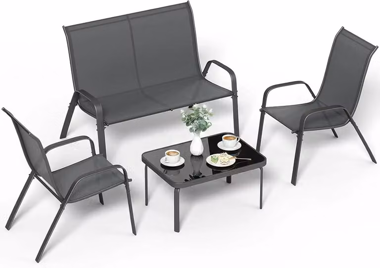 Set di mobili da giardino composto da 4 pezzi: 2 sedie, 1 panca, 1 tavolo. Adatto per 4 persone. Realizzato con tessuto Textilene resistente agli agenti atmosferici e struttura in metallo pieghevole. Colore: grigio