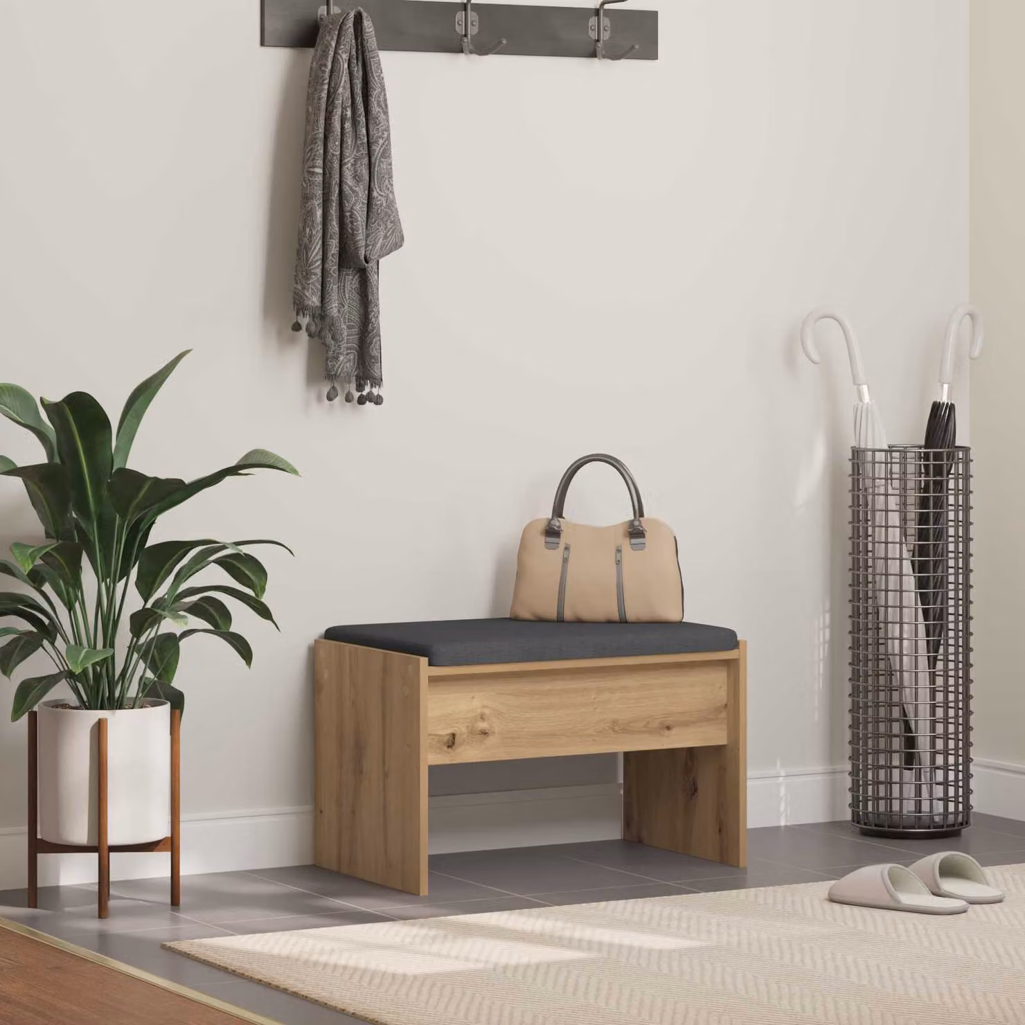 vidaXL Panca porta scarpe moderna in legno rovere con cuscino grigio L: 63 cm, P: 38 cm, H: 40 cm