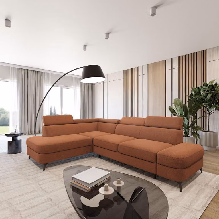 Divano ad angolo Masseno AVISE Q L-S con funzione letto a L, divano con contenitore, divano da salotto, divano, divano letto, set divani - Arancione, QUELLE 54