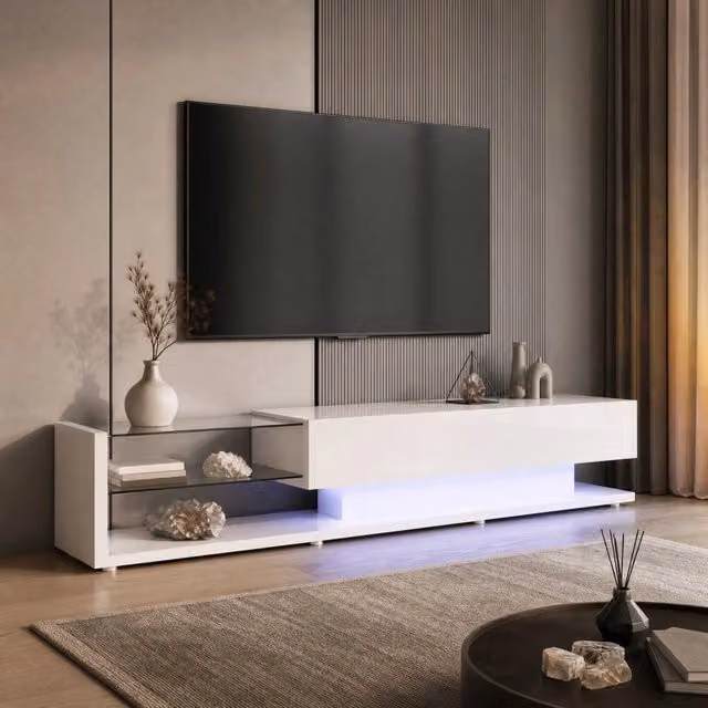 Mobile TV 170 x 36 x 38 cm bianco lucido con 2 cassetti; ripiani in vetro e LED multicolore
