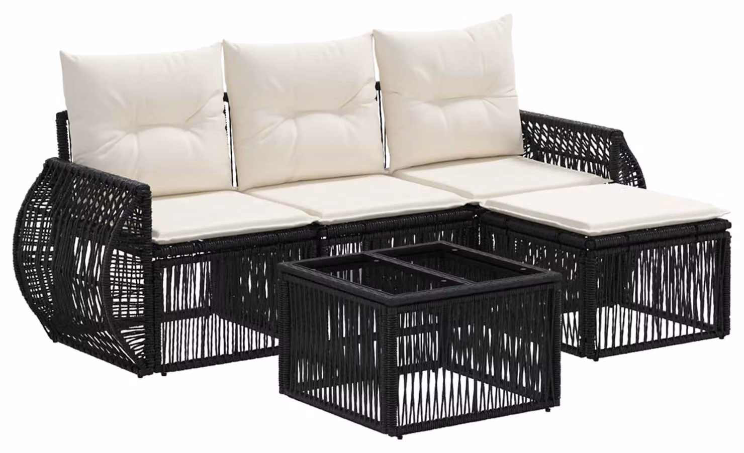 Set Divano da Giardino 5 pcs Nero e Bianco Crema polyrattan