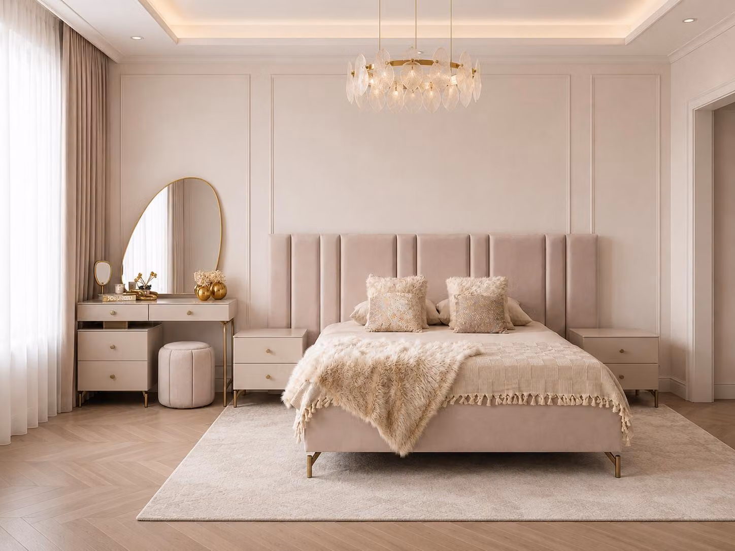 Set per camera da letto: letto, angolo trucco, design moderno, colore beige, finiture raffinate, versatile