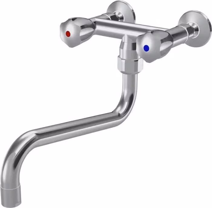 Miscelatore a parete a due maniglie per cucine professionali | bocca girevole | ottone | cromato