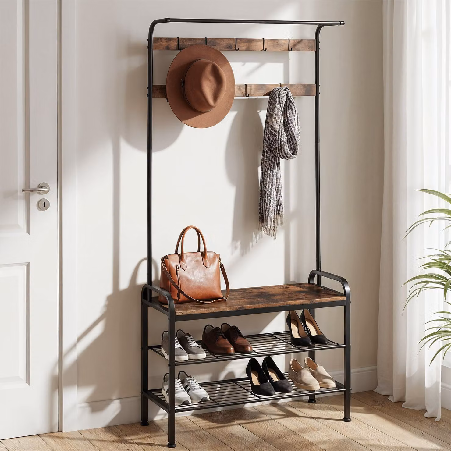 Guardaroba con panca e appendiabiti in stile industriale TecTake GmbH, colore marrone, L: 85,5 cm, P: 36,0 cm, H: 184,0 cm – 1
