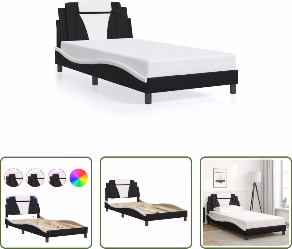 The Living Store Struttura letto con LED bianco e nero 100x200 cm in ecopelle