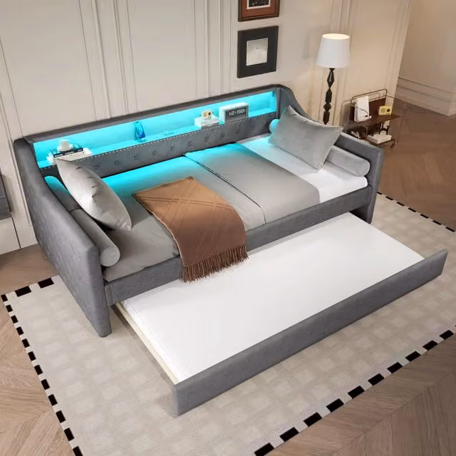 Letto divano singolo 90×200 cm con letto estraibile, LED regolabile e USB, senza materasso, lino grigio