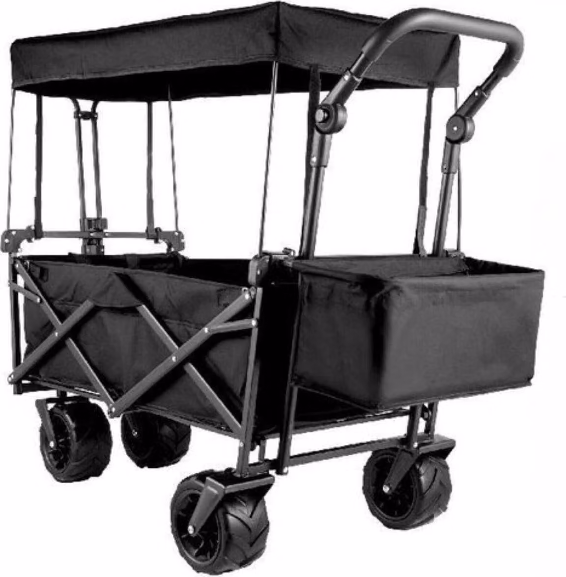 Carretto pieghevole - Con tetto - Trasporto bambini - Pneumatici fuoristrada - Maniglia di spinta e trazione - Nero