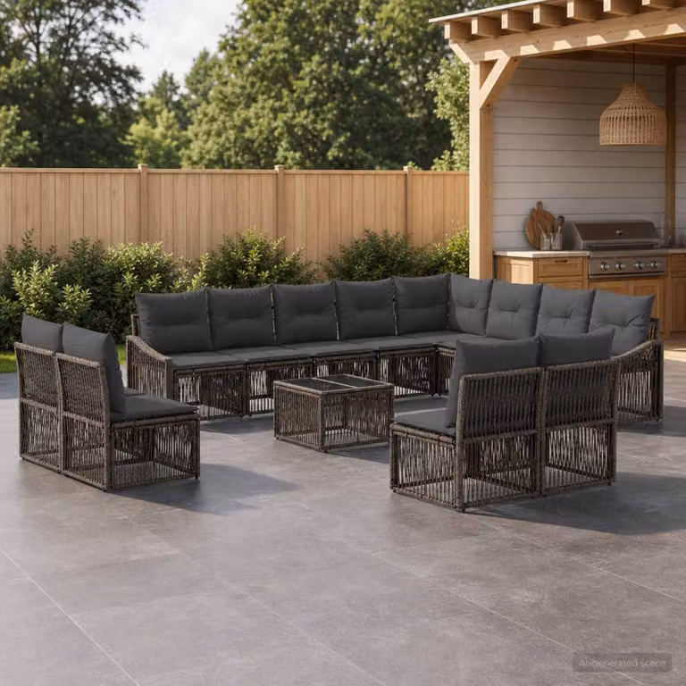 Set Divano da Giardino vidaXL a forma a U in Polyrattan Grigio con 13 Pezzi e Tavolino da Caffè