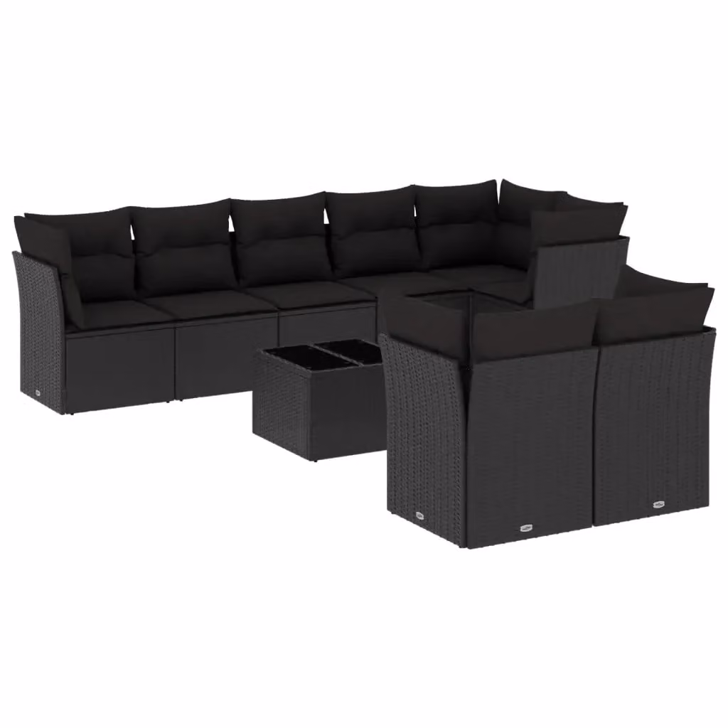 vidaXL Set Divani da Giardino a Forma di U 9 pz in Polyrattan Nero con Cuscini e Tavolino da Esterno – 2