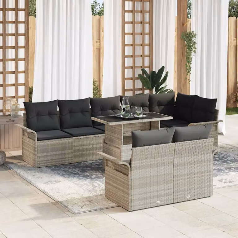 Set Divano da Giardino a Forma a U vidaXL da 9 Pezzi con Tavolino in Vetro e Cuscini Grigio