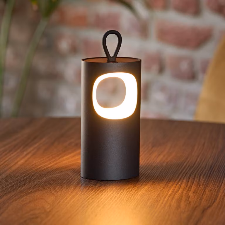 Sigor Lampada LED da tavolo a batteria Lunari, nera, 16 cm, metallo, CCT IP44 dimmerabile, Nero, Soggiorno / Sala da pranzo, Alluminio, Moderno, Lampada da tavolo LED