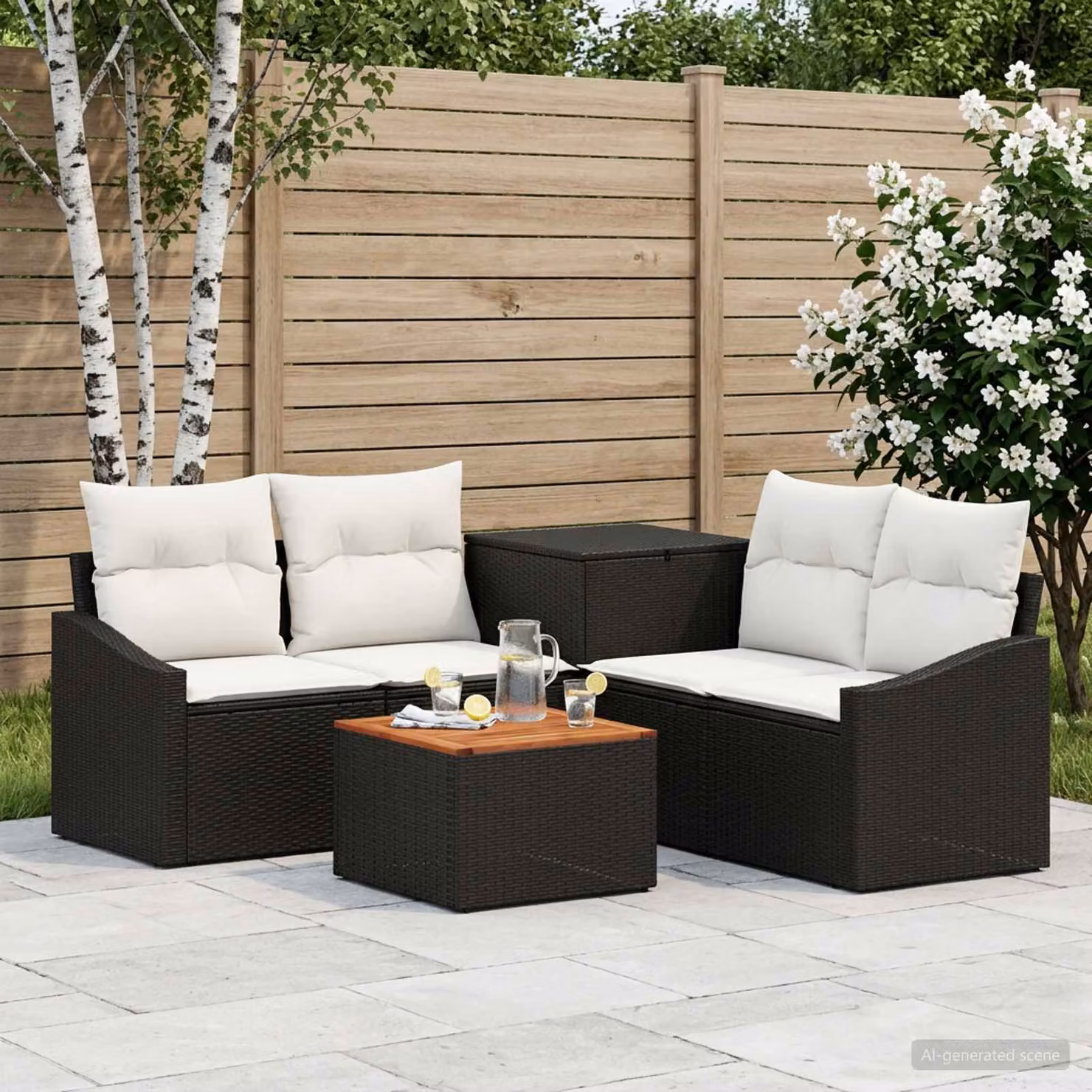 Set di divani da giardino vidaXL in polyrattan nero e bianco con tavolo da esterno e cuscini inclusi