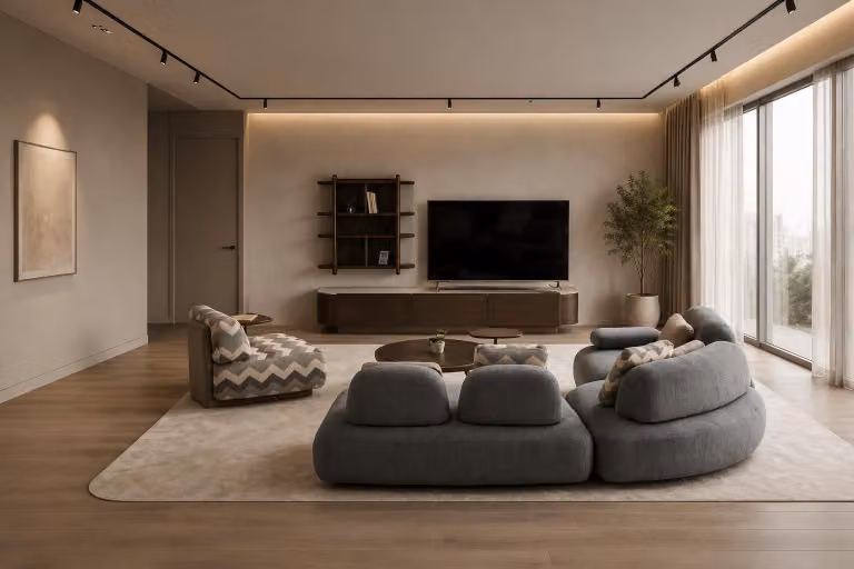 Mobile TV moderno, stile minimalista, in legno marrone e travertino, di alta qualità