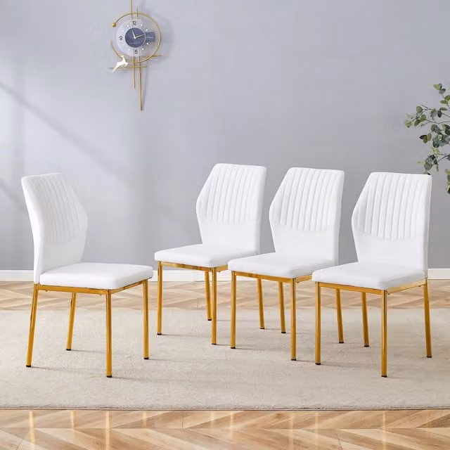 Set di 4 sedie da pranzo OKWISH in pelle PU bianca con schienale a coste e gambe in metallo dorato – 1
