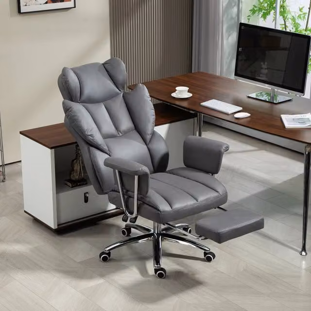 Sedia da ufficio ergonomica girevole con schienale reclinabile, poggiapiedi e altezza regolabile in schiuma grigio scuro