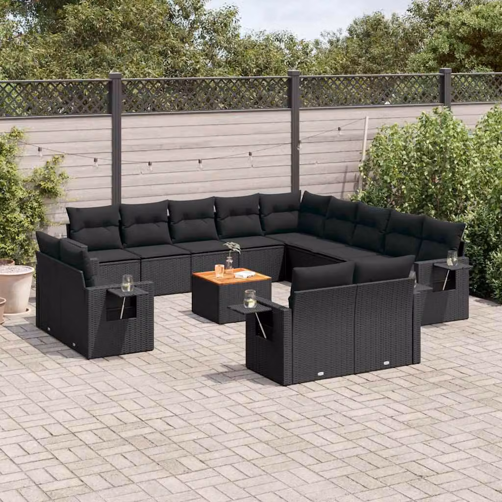 vidaXL Set Divani da Giardino a Forma di U in Polyrattan Nero con Cuscini e Tavolino da Esterno – 1