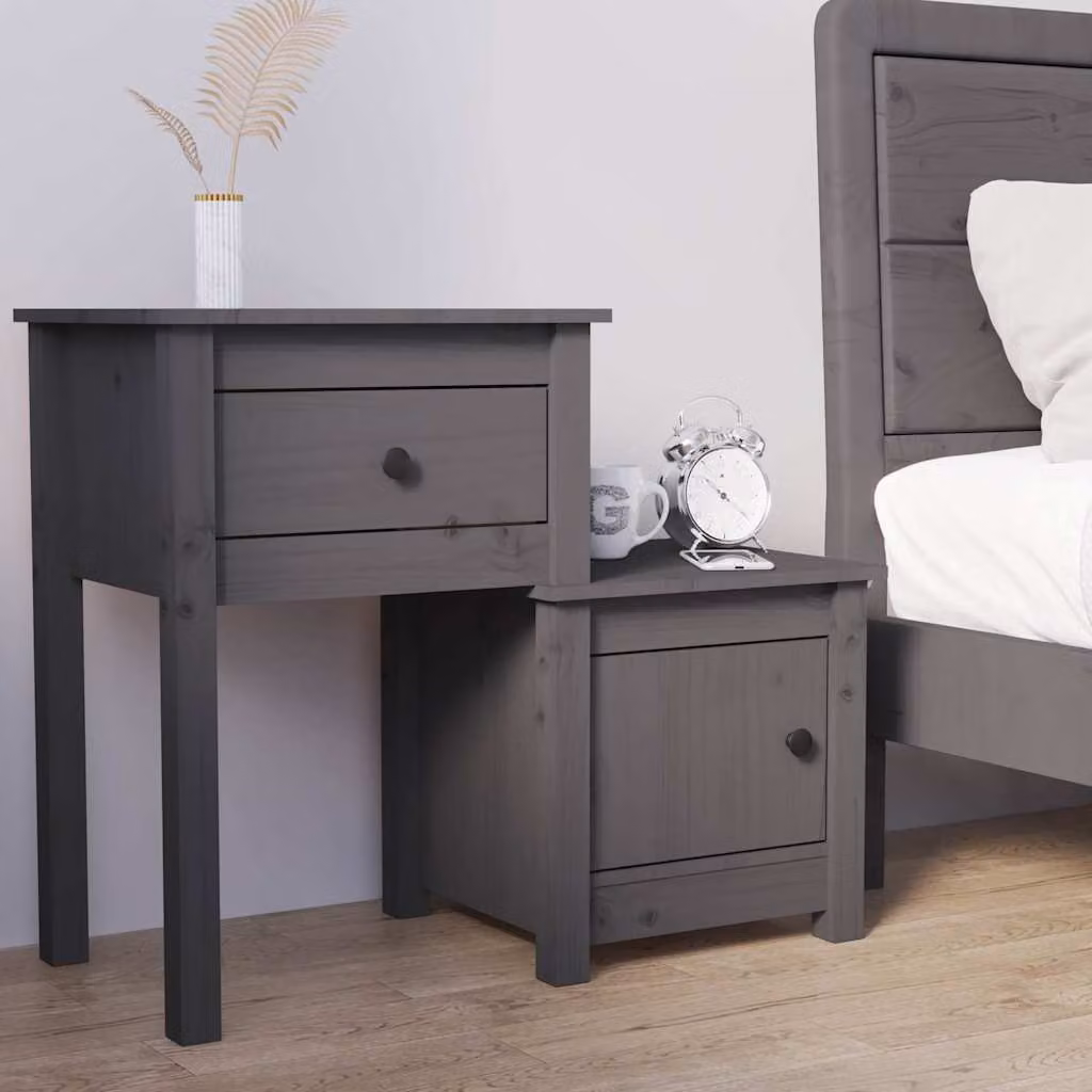 Comodino vidaXL Grigio in Legno di Pino Massello L: 79,5 cm, P: 38 cm, H: 65,5 cm