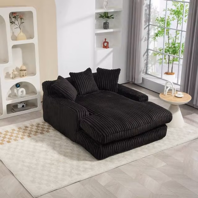 Chaise longue da interno in velluto a coste con 3 cuscini schienale ergonomico senza montaggio nera 125 × 155 × 63 cm