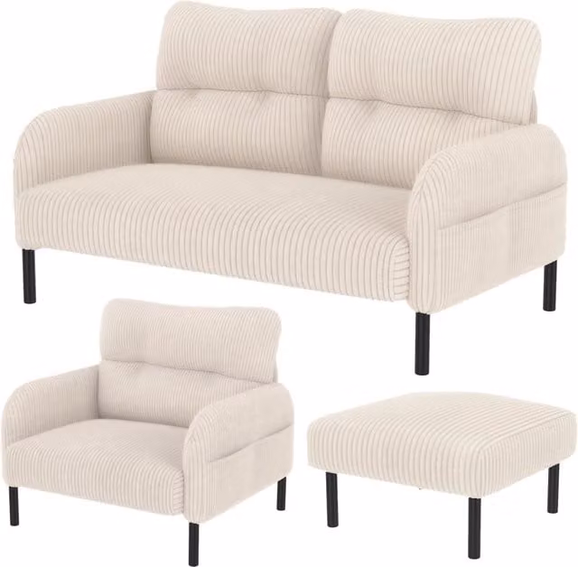 Set di divano a 2 posti, poltrona e pouf Chicfurn in velluto a coste beige con schienale ergonomico e struttura in legno e metallo