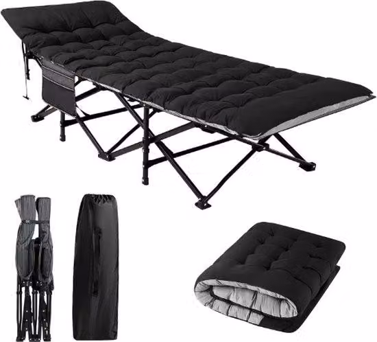 Letto da campeggio compatto per 1 persona, nero, con struttura pieghevole