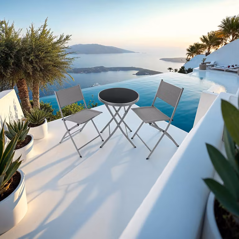 Set da balcone Düsseldorf TecTake GmbH grigio con tavolo in vetro e sedie pieghevoli in acciaio verniciato a polvere