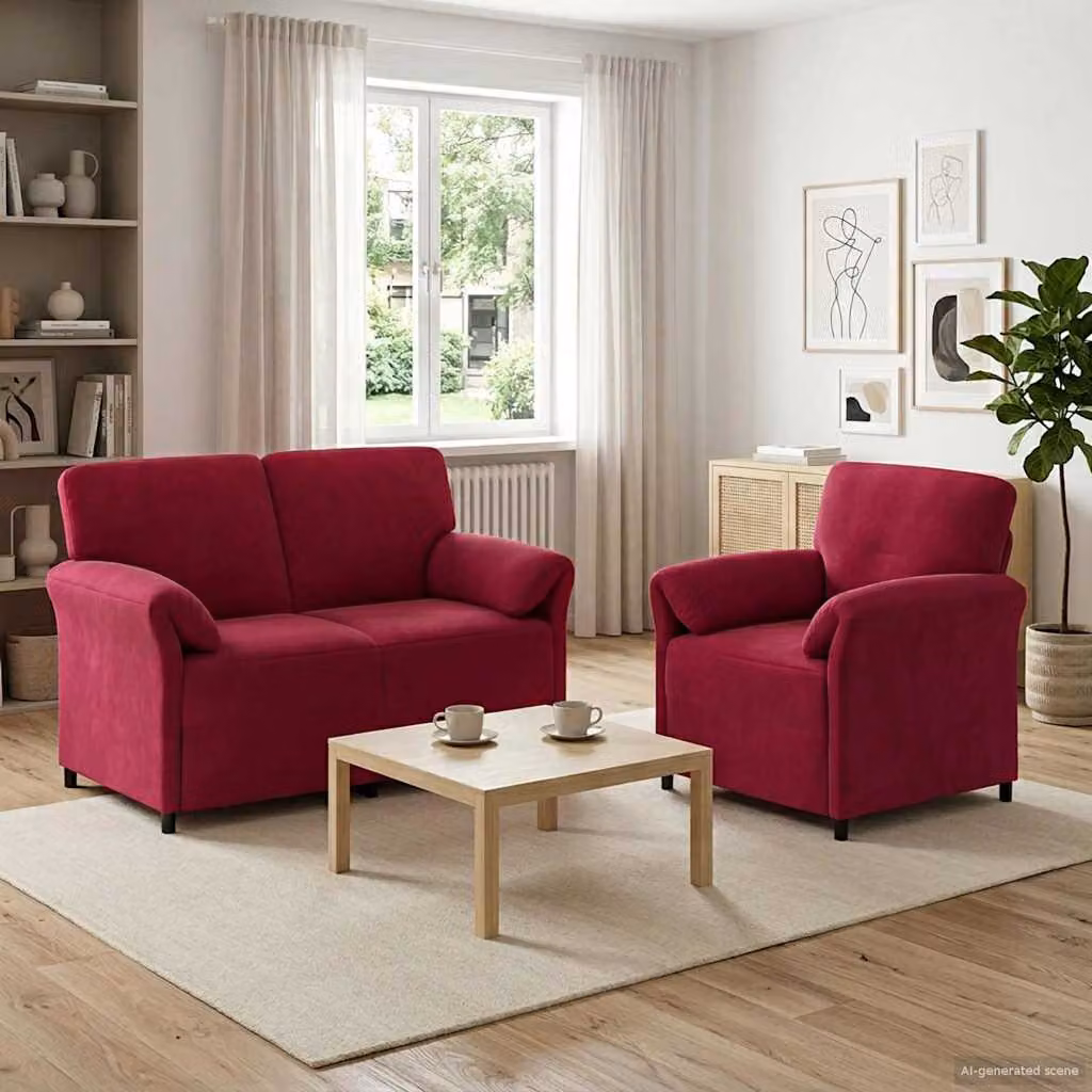 Set di 2 divani moderni vidaXL in velluto rosso vino con struttura in metallo e cuscini inclusi