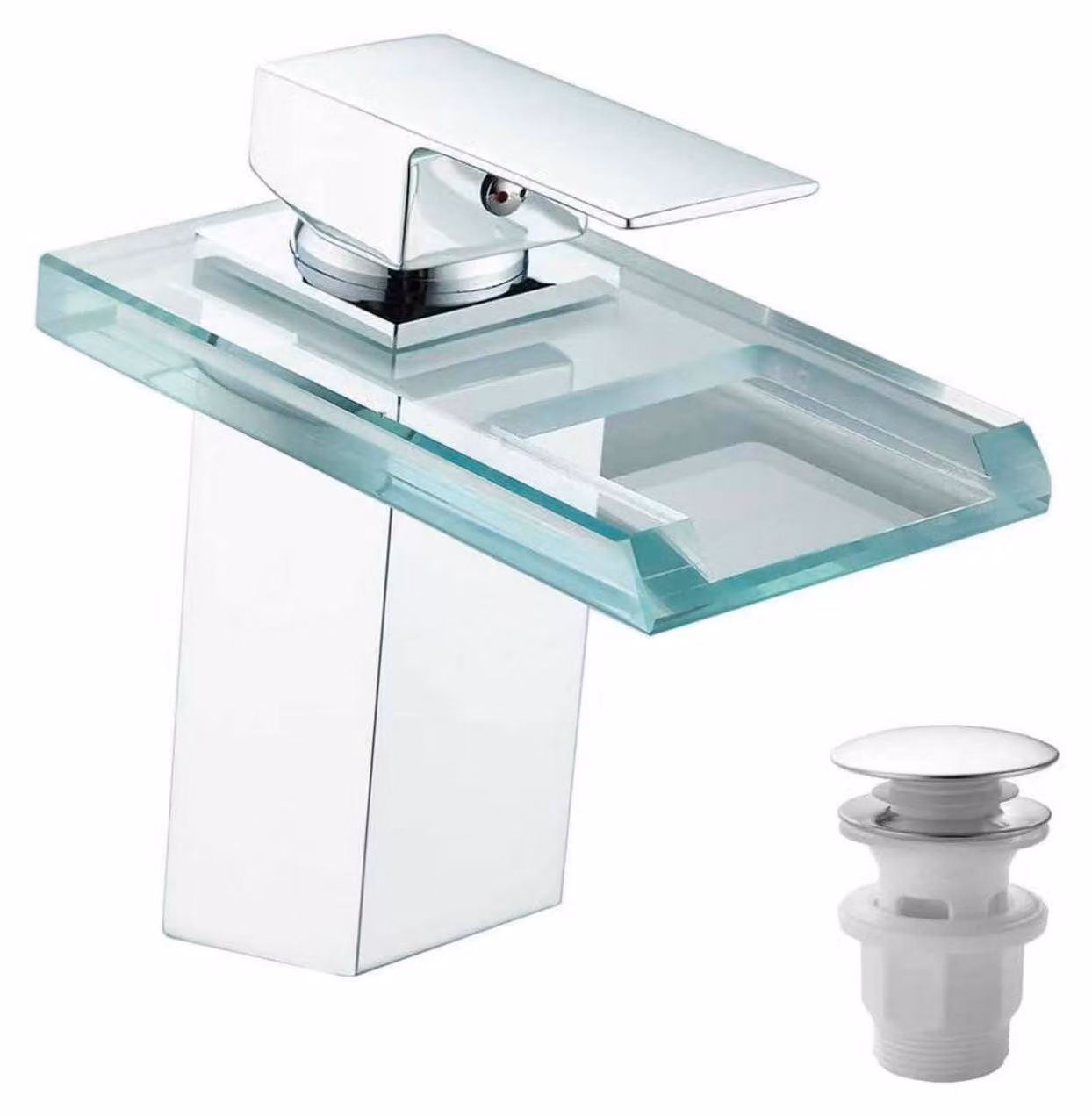 Rubinetto per bagno, vetro, con sistema di scarico, miscelatore monocomando, finitura cromata