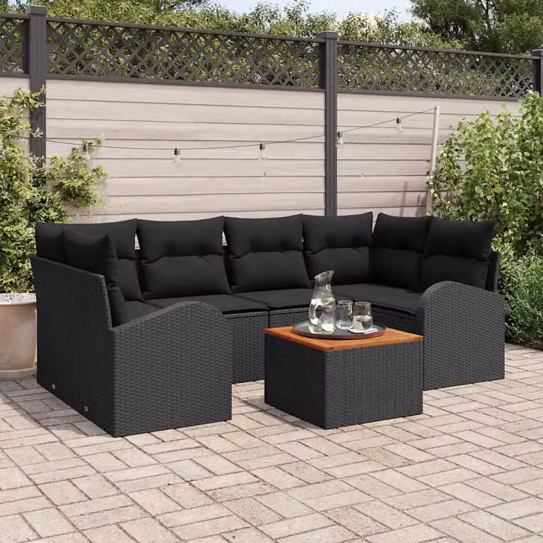 Set Divano da Giardino vidaXL a Forma di L in Polyrattan Nero con Cuscini e Tavolino da Caffè