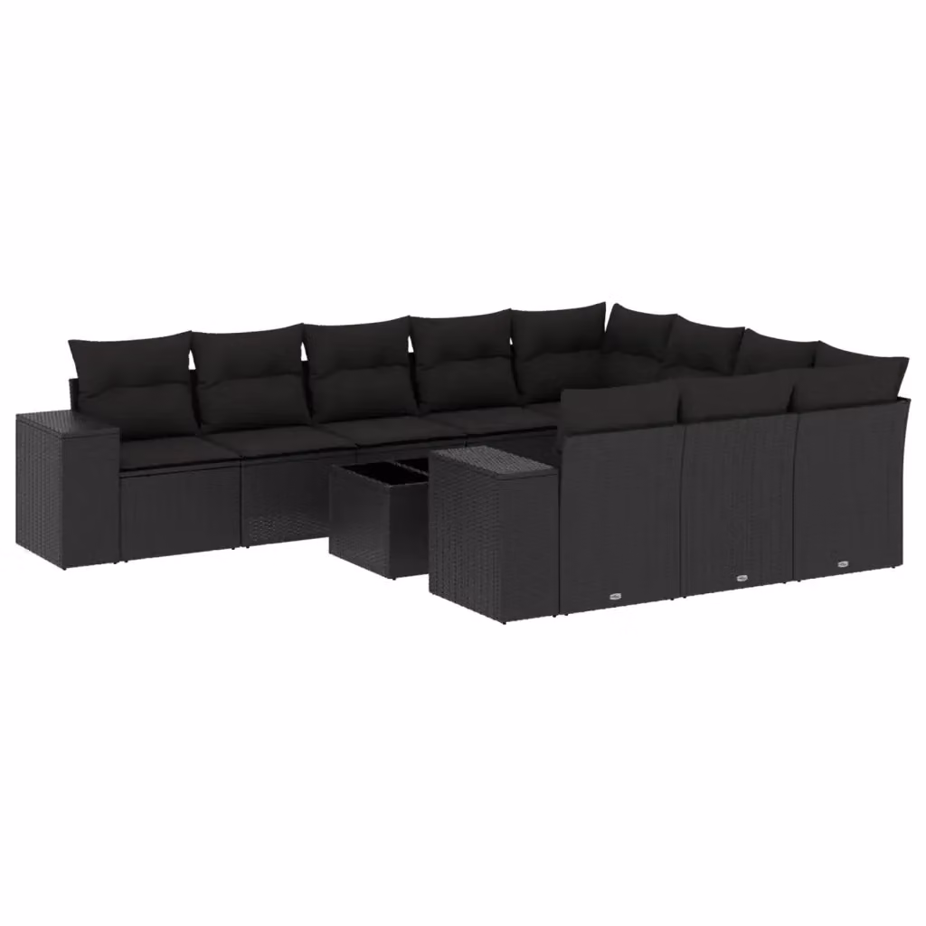 vidaXL Set Divani da Giardino 11 pz a Forma a L in Polyrattan Nero con Cuscini e Tavolino – 2