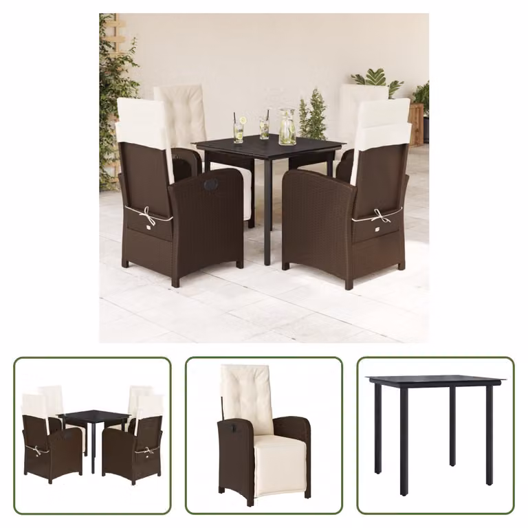 The Living Store Set da pranzo da giardino 5 pezzi con cuscini in polirattan marrone