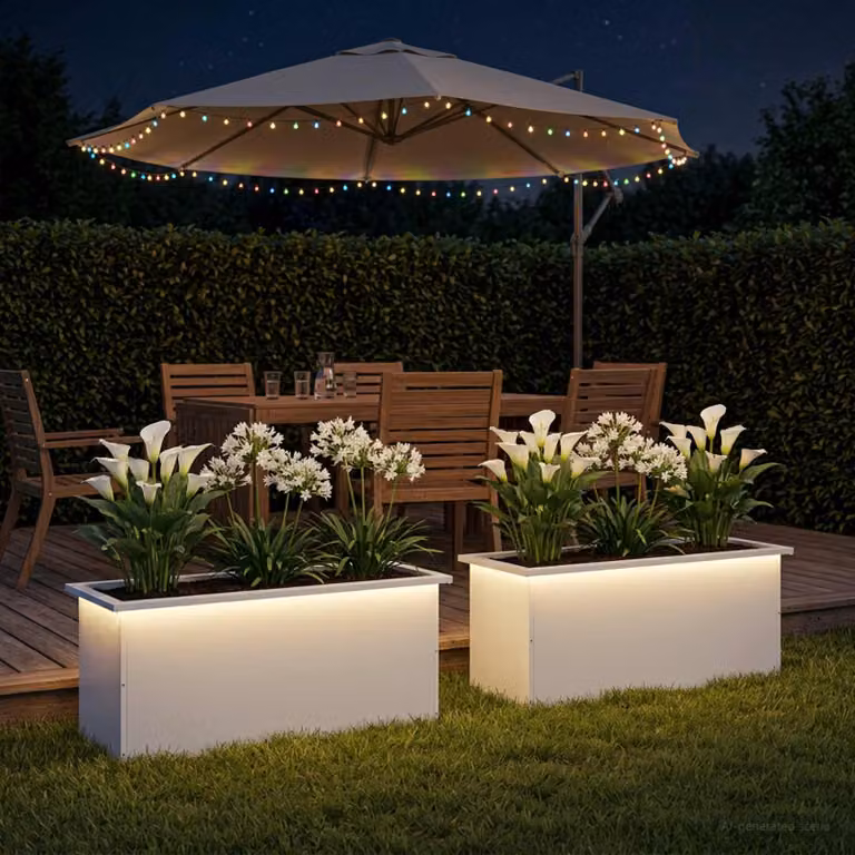 Set di 2 fioriere da giardino con LED vidaXL in acciaio, colore bianco, L: 100 cm, P: 40 cm, H: 40 cm