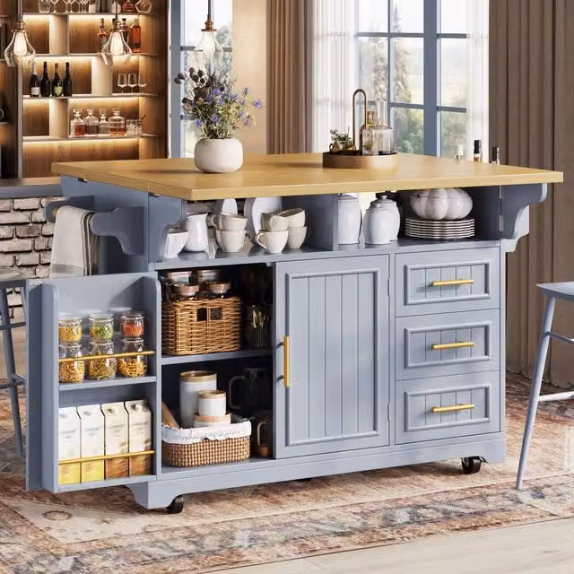 Isola da cucina - Carrello da pranzo con ruote - Credenza - Piano d'appoggio estensibile - 3 cassetti - Maniglie in metallo - Blu e color legno naturale