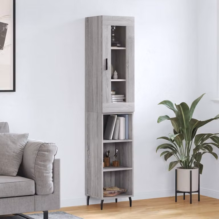 Credenza moderna vidaXL in legno e metallo con ante in vetro, Grigio, L/P/H: 34,5 x 34 x 180 cm