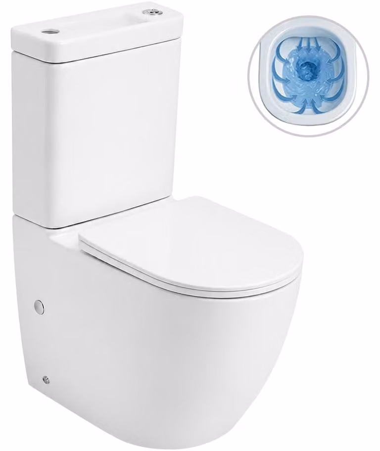 WC combinato con lavabo Cesso, design senza bordo – scarico senza bordo + sedile WC con funzione bidet – scarico a pavimento/posteriore – bianco lucido – 61,8 x 38 cm
