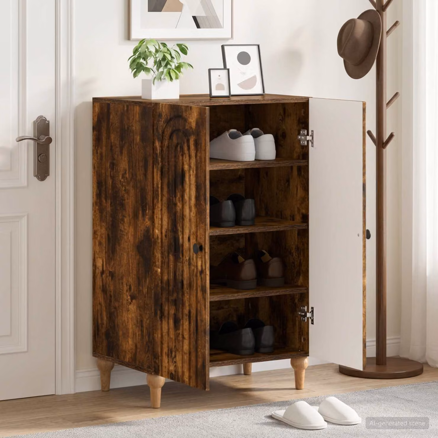 Mobile per scarpe vidaXL ALKMAAR in rovere fumo con ante a battente, L: 59,5 cm, P: 39,5 cm, H: 90 cm