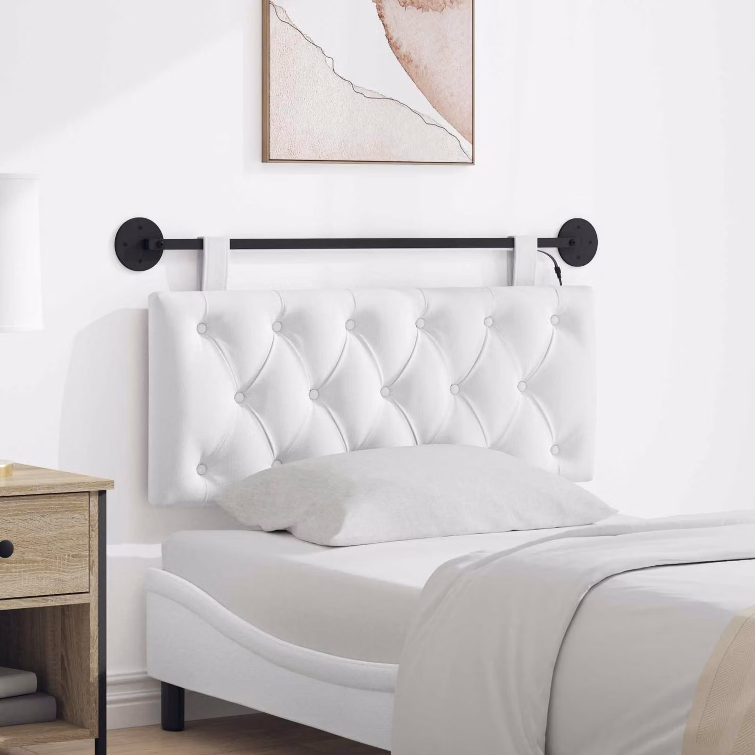 Testiera per letto sospesa vidaXL con luce LED integrata in tessuto bianco