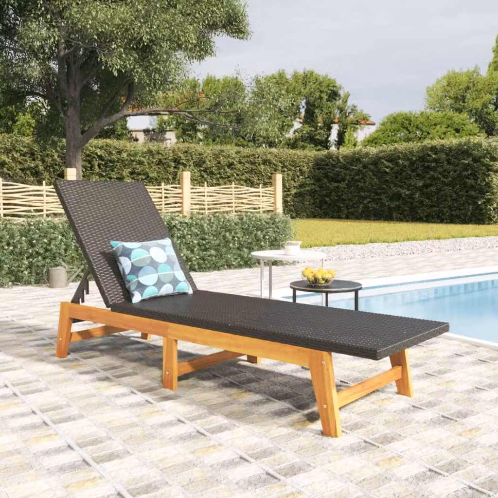 Sdraio vidaXL in Polyrattan e Legno di Acacia Nero e Marrone con Poggiatesta Regolabile