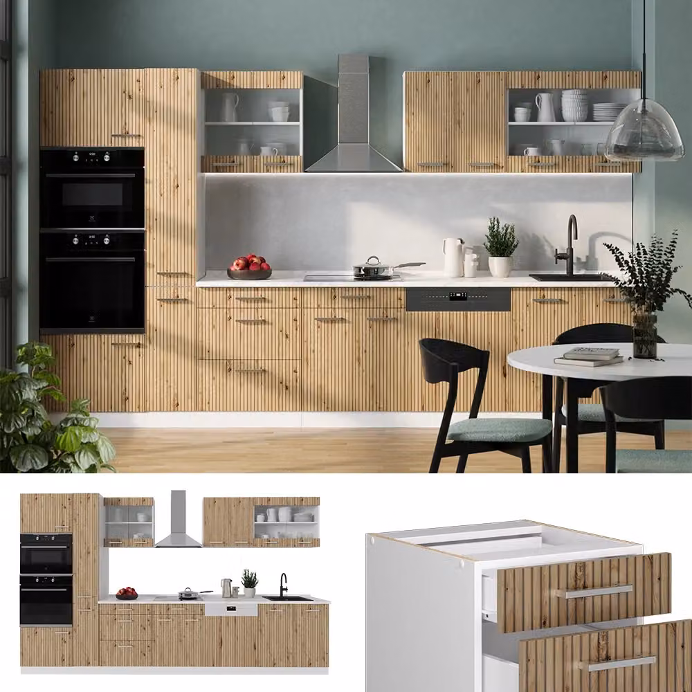 Mobile da cucina Vicco R-Line moderno in rovere e bianco con armadio alto e ante antracite L: 350 cm – 2