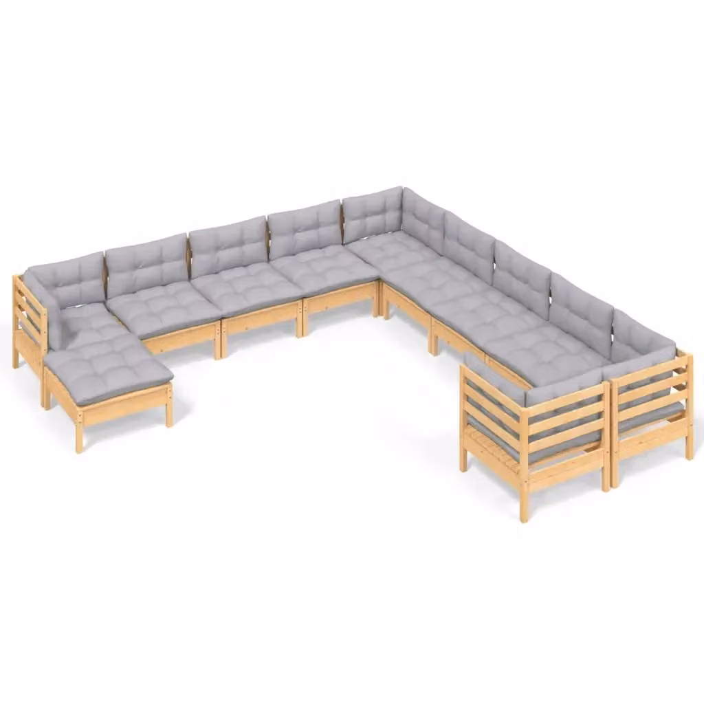 Set di Divani da Giardino vidaXL in Legno di Pino Massello con Cuscini Grigi a Forma di U, 11 Pezzi – 2
