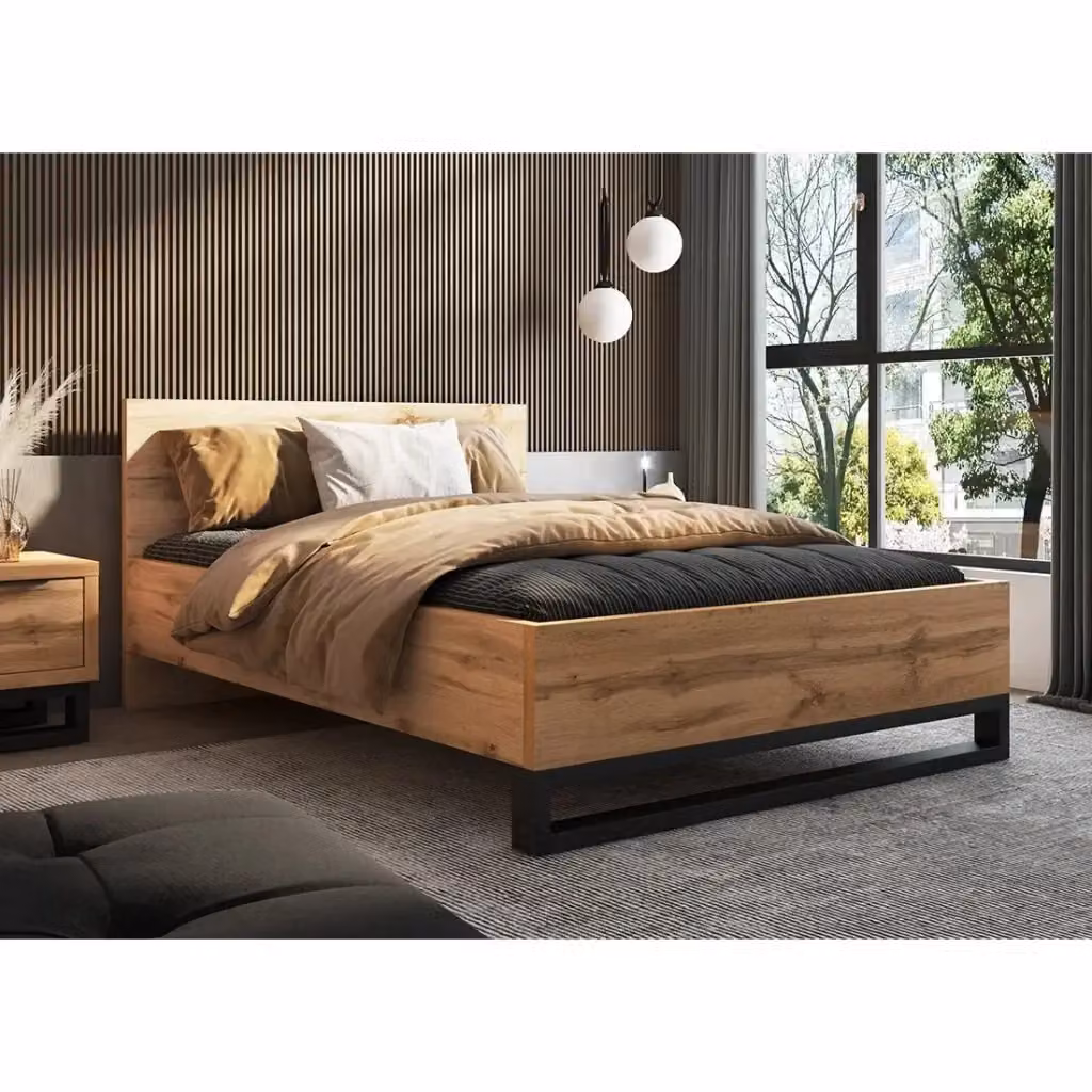 Set letto con due comodini stile industriale Meublorama Collezione MILOS colore rovere e nero L/P/H: 180 x 200 cm – 2