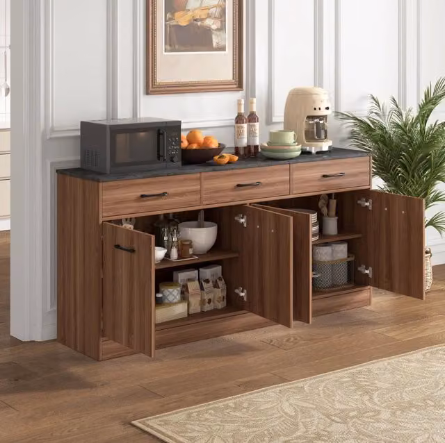 Sideboard cucina con 3 cassetti e ripiani regolabili, isola cucina 160 cm con piano in effetto cemento, finitura noce, 76,5x160x37 cm