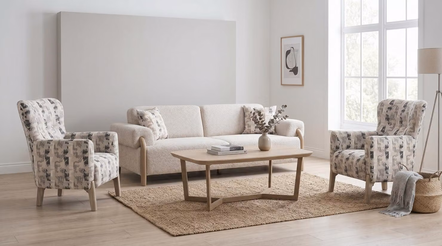 Set divano moderno beige, elegante, ideale per il soggiorno, con tavolino da caffè
