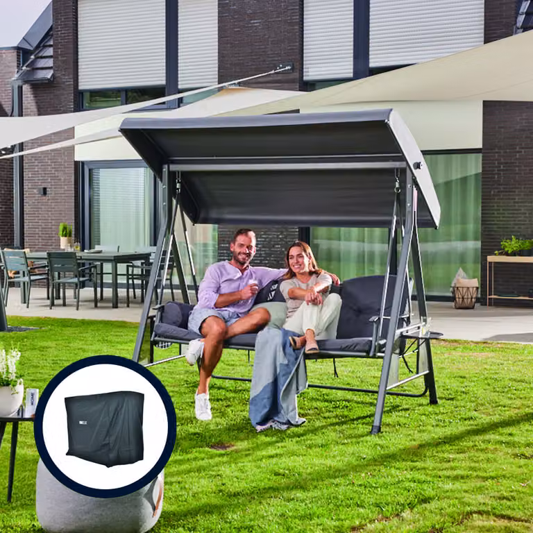 Home Deluxe - Altalena Hollywood DESCANSO grigio con copertura - 3 posti, L/H/L 115cm x 195cm x 198cm, incl. portabicchieri, cuscini di seduta e di schienale I sdraio da giardino sdraio da giardino dondolo da giardino