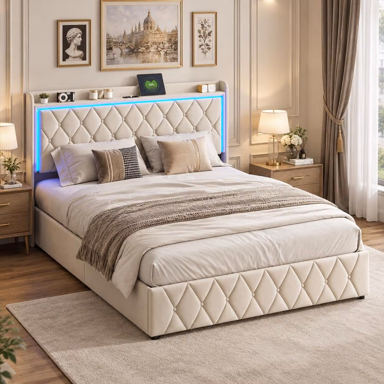 Letto idraulico INONEFT, 140 x 190 cm, letto imbottito con spazio contenitore e illuminazione LED, letto matrimoniale con prese USB e rete a doghe, letto per adulti, in velluto, color beige